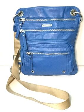 Franco Sarto Periwinkle Blue Crossbody Bag Vegan Faux Leather Multi Zip Grommet